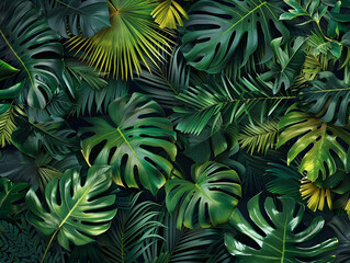 Fototapeta na wymiar A lush tropical jungle background with various green palm leaves and monstera plants, creating an exotic and textured pattern on a black backdrop. 