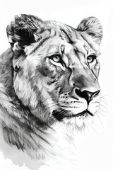 Illustrate the captivating biographical story of a courageous lioness in a detailed pen and ink style