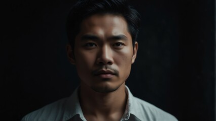 handsome asian man looking at camera serious on dark plain black background from Generative AI