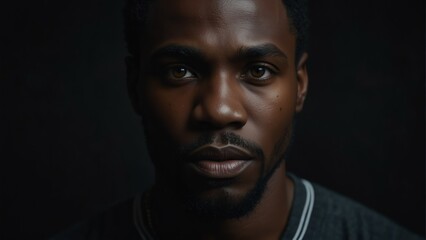 handsome black african man looking at camera serious on dark plain black background from Generative AI - obrazy, fototapety, plakaty