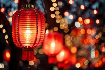 Red lanterns and lights for Chinese New Year celebration, blurred background of city night scene...