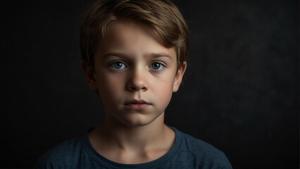 handsome kid boy looking at camera serious on dark plain black background from Generative AI