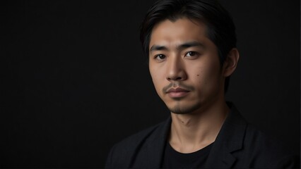 handsome japanese man looking at camera serious on dark plain black background from Generative AI