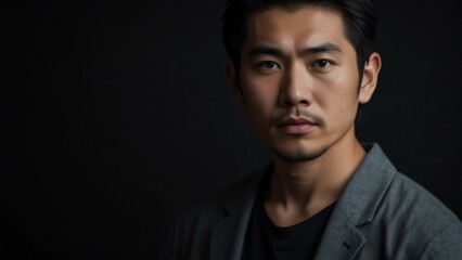 Fototapeta premium handsome japanese man looking at camera serious on dark plain black background from Generative AI