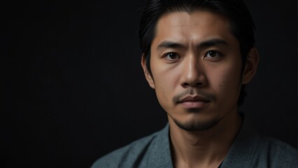 handsome japanese man looking at camera serious on dark plain black background from Generative AI