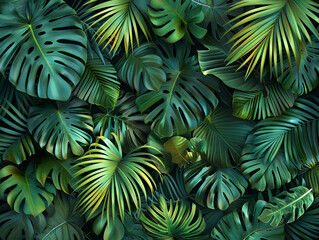 Fototapeta na wymiar A lush tropical jungle background with various green palm leaves and monstera plants, creating an exotic and textured pattern on a black backdrop. 