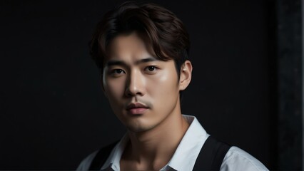 Obraz premium handsome korean idol looking at camera serious on dark plain black background from Generative AI