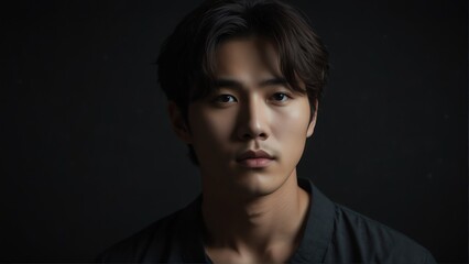 handsome korean idol looking at camera serious on dark plain black background from Generative AI - obrazy, fototapety, plakaty
