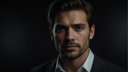 Fototapeta premium handsome man looking at camera serious on dark plain black background from Generative AI