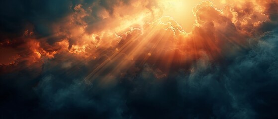 At sunset, sun beams break through the dark clouds. Hope, prayer, and God's mercy and grace. Beautiful spectacular conceptual background. - obrazy, fototapety, plakaty