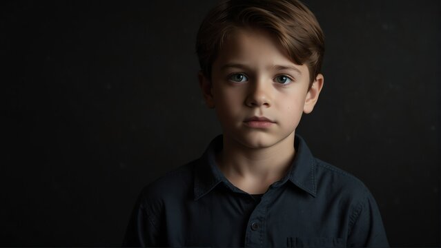 handsome kid boy looking at camera serious on dark plain black background from Generative AI