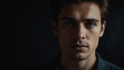handsome young man looking at camera serious on dark plain black background from Generative AI