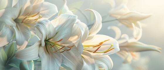 Closeup of beautiful white lilies on a light background