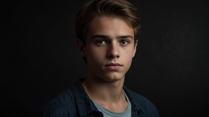 Obraz premium handsome teenager looking at camera serious on dark plain black background from Generative AI