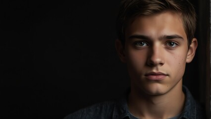 Fototapeta premium handsome teenager looking at camera serious on dark plain black background from Generative AI