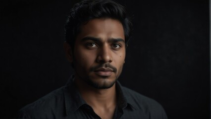 Fototapeta premium handsome south asian man looking at camera serious on dark plain black background from Generative AI