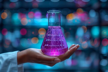 A person is holding a drinkware with a violet solution in their hand, a fluid with shades of...