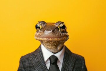 A salamander with a textured, detailed skin wearing a tweed business suit and a black tie against a vivid yellow background. - obrazy, fototapety, plakaty