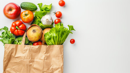 Organic vegetables in eco shopping bag on white background. Eco friendly reusable shopping bag with fresh organic vegetables. food delivery, online shopping, farm products. copy space, top view