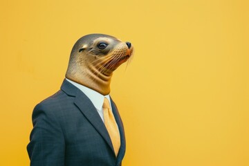 Portrait of a sea lion with smooth fur and whiskers, dressed in a navy suit and yellow tie, on a yellow background.