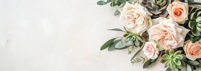 top view of flower bouquet of roses and eucalyptus on white background, panoramic shot.