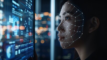 Woman Interacting With Facial Recognition Technology at Night