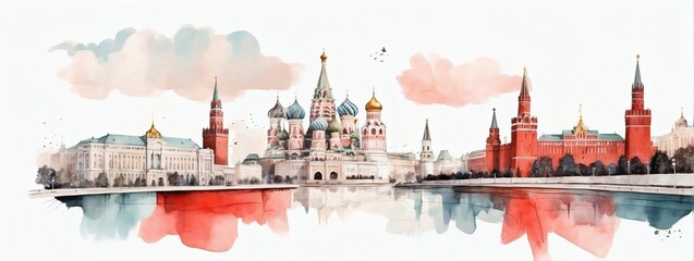 Double exposure minimalist artwork collage illustration featuring the Kremlin and the Moscow cityscape.