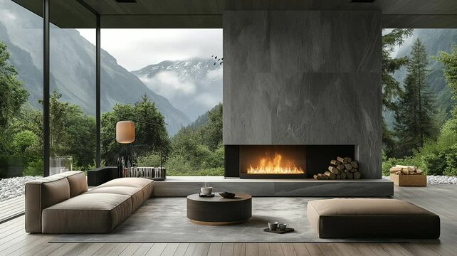 indoor fireplace at home,in front view of classic living room interior of the window. seamless looping time-lapse 4K video background		