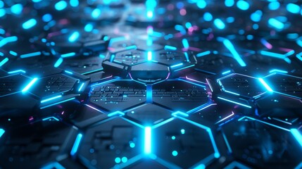 Obraz premium Hexagonal abstract background, depth of field effect. Futuristic cellular 3d panel with hexagons and neon light.