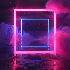 Foto op Canvas Pink and blue neon square tunnel in a foggy landscape. © Fay Melronna 