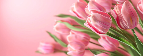 Obraz premium Bouquet of pink tulips on bokeh background. Mother's day background.