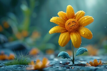 A cartoon flower with a big angry face on its face