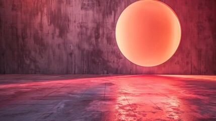 Pink and purple concrete room with a glowing pink circle on the back wall. - obrazy, fototapety, plakaty
