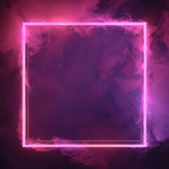 Pink neon square frame glowing in the mist