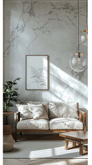 mockup poster frame hanging above marble wall, near elegant upholstered loveseat, Scandinavian style living room, modern interior, hyperrealistic photography