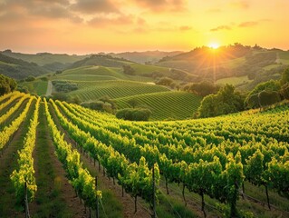 A picturesque vineyard bathed in the golden light of sunset, with rows of grapevines stretching across rolling hills vineyard romance Warm, romantic lighting accentuates the beauty