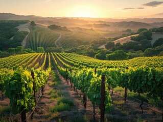 A picturesque vineyard bathed in the soft glow of early morning light, with rows of grapevines stretching toward the horizon rustic elegance Subtle dawn lighting enhances the natural beauty