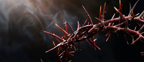 Jesus' crown of thorns against a black background with copy space, suitable for Christian backgrounds, Easter themes - obrazy, fototapety, plakaty