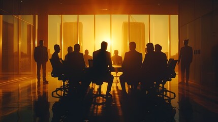 Fototapeta na wymiar Silhouetted Businessmen in Strategic Conference Room Discussions