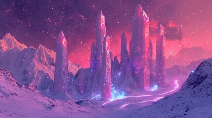 dystopian Synthwave rendition of a snowy mountain range, featuring towering crystalline structures and glowing trails - obrazy, fototapety, plakaty