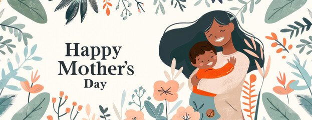 Mother's day banner. Cute cartoon illustration with mother and son hugging.
