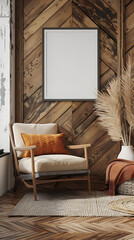 mockup poster frame hanging above herringbone wood wall, near floor recliner, Scandinavian style living room, modern interior, hyperrealistic photography
