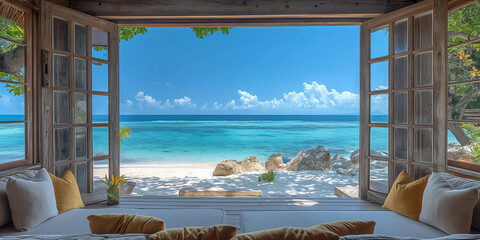 Offenes Fenster oder T&uuml;r mit Meerblick,Cocoa Island, South Male Atoll, Seychelles