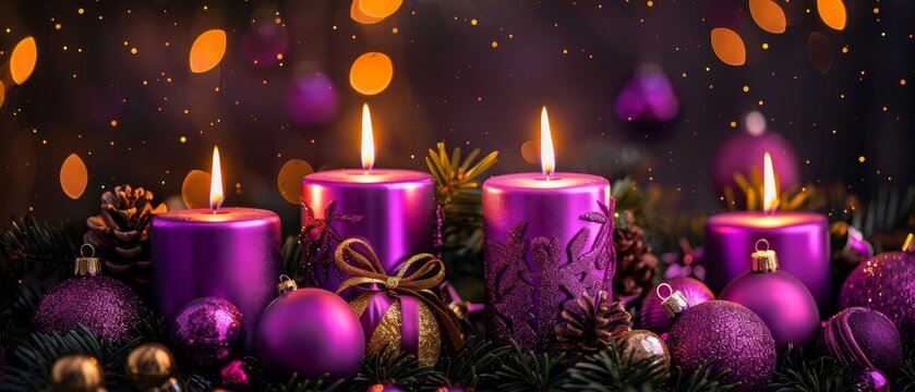 Shiny Night - Four Purple Candles With Christmas Ornament for Advent