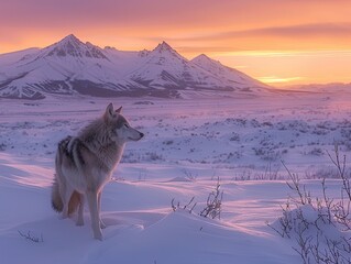A pristine snow-covered landscape at dawn, with mountains looming in the distance and a lone wolf gazing into the horizon untamed wilderness Subtle
