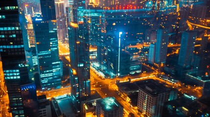 Top view of a modern city at night with high-rise buildings