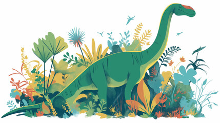 Braquiossauro e plantas no fundo branco - Ilustração