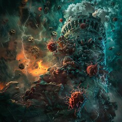 Tumor cell illustrated as a dark fortress being besieged by therapeutic agents, the fight against malignancy, tense and pivotal - obrazy, fototapety, plakaty