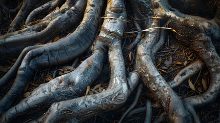 Intertwined Roots Firmly Gripping the Earthy Terrain,Showcasing Their Intricate Patterns and Innate Strength - obrazy, fototapety, plakaty