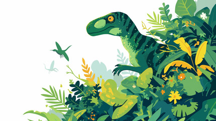 Dinossauro e plantas verdes no fundo branco - Ilustração